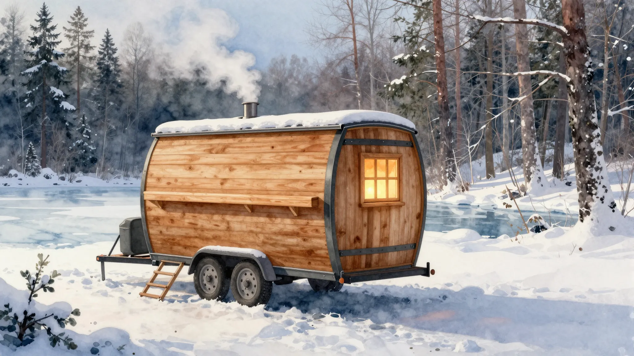 Watercolor style. A cozy wooden barrel sauna on a trailer, p...