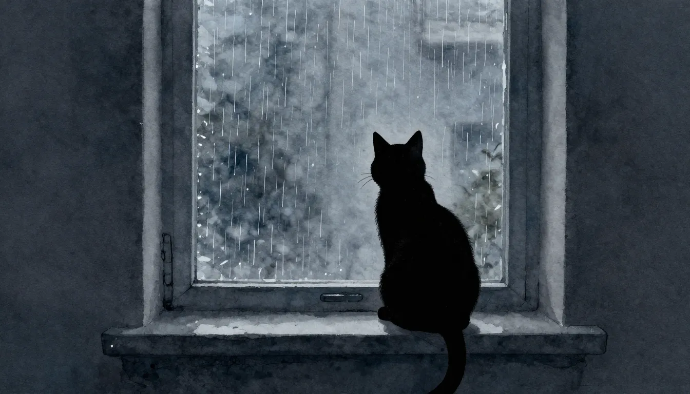 Watercolor style. A solitary silhouette of a cat sitting on ...