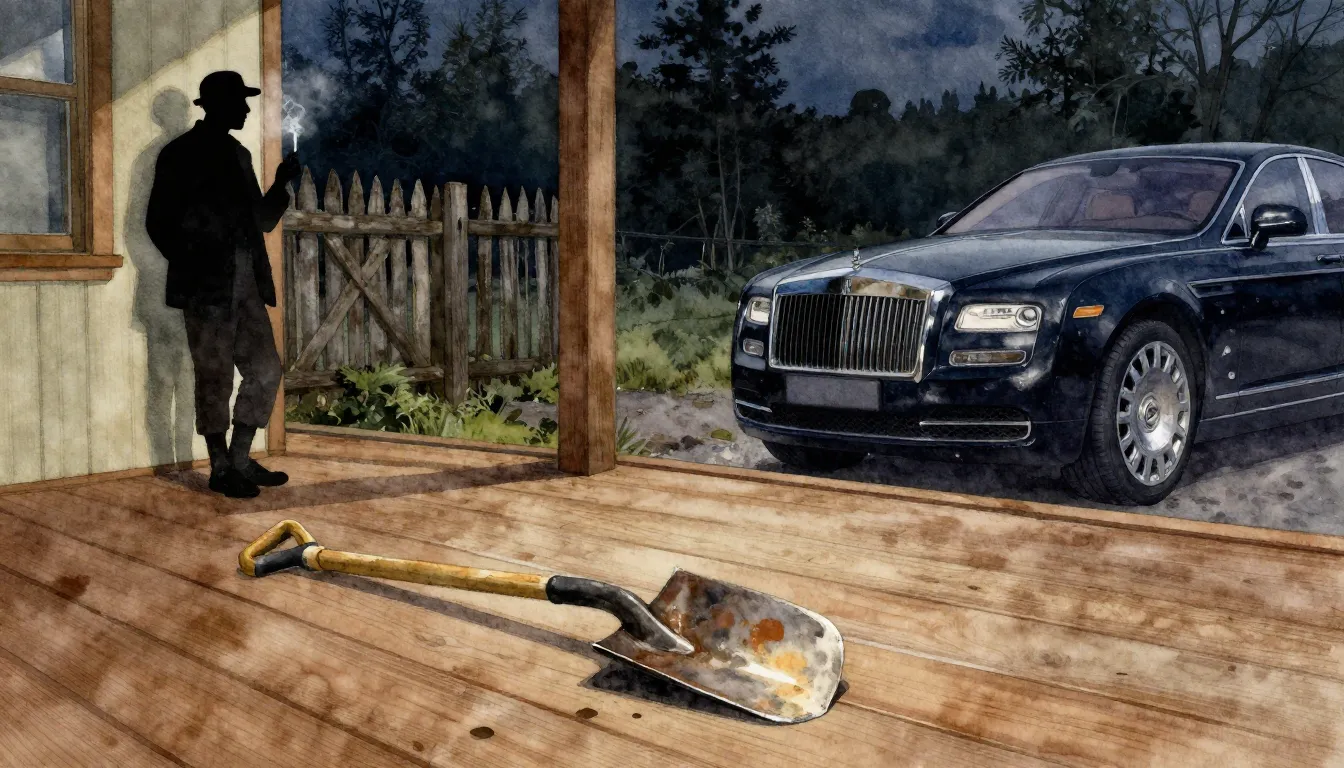 Watercolor style. A broken shovel lying on a wooden floor, s...