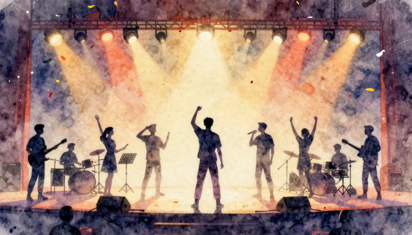 Watercolor style. Silhouettes of volunteers on a brightly li...