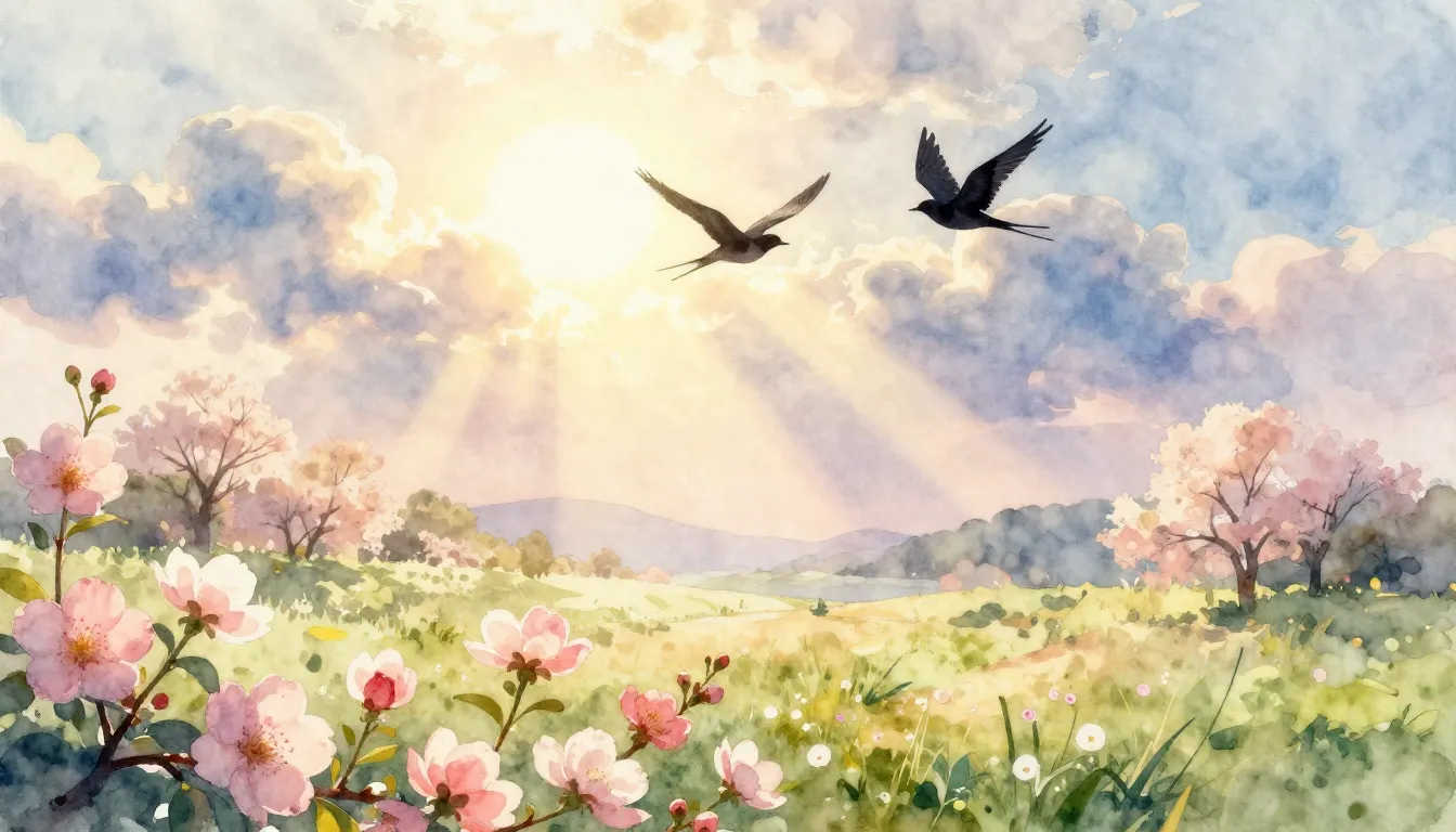 Watercolor style. A bright spring morning landscape, sun ray...