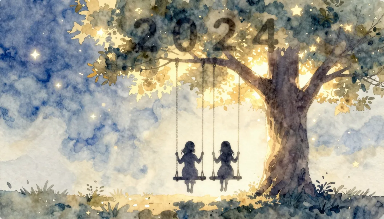 Watercolor style. A silhouette of two sisters sitting on a s...