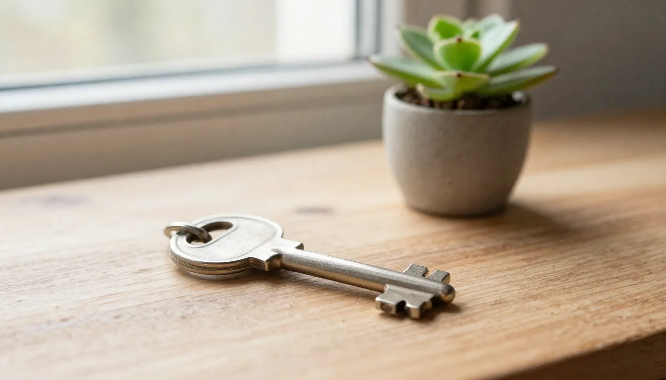 Watercolor style. A single key lying on a wooden table next ...