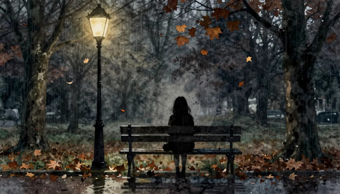 Watercolor style. A lonely silhouette of a girl sitting on a...