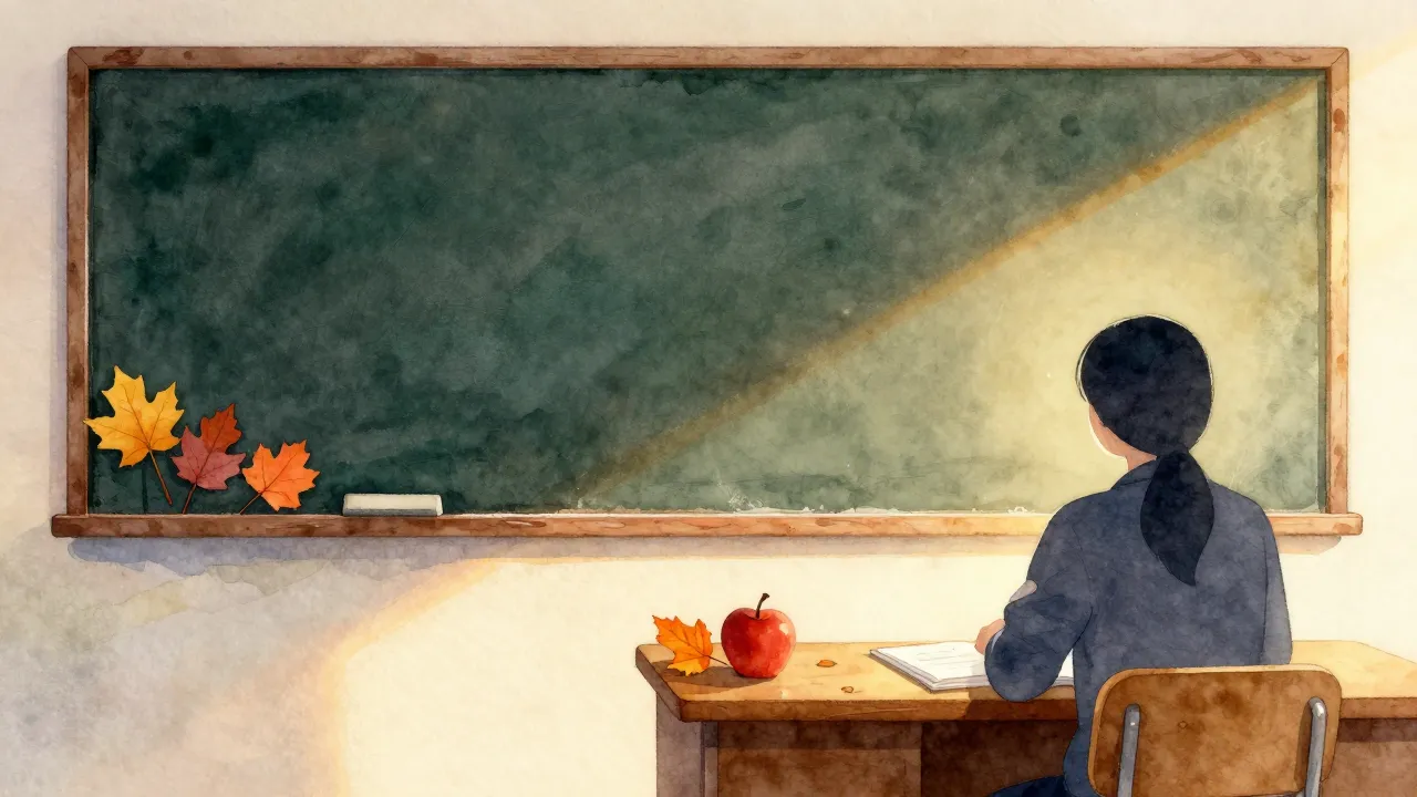 Watercolor style. A cozy classroom with a blackboard, colorf...