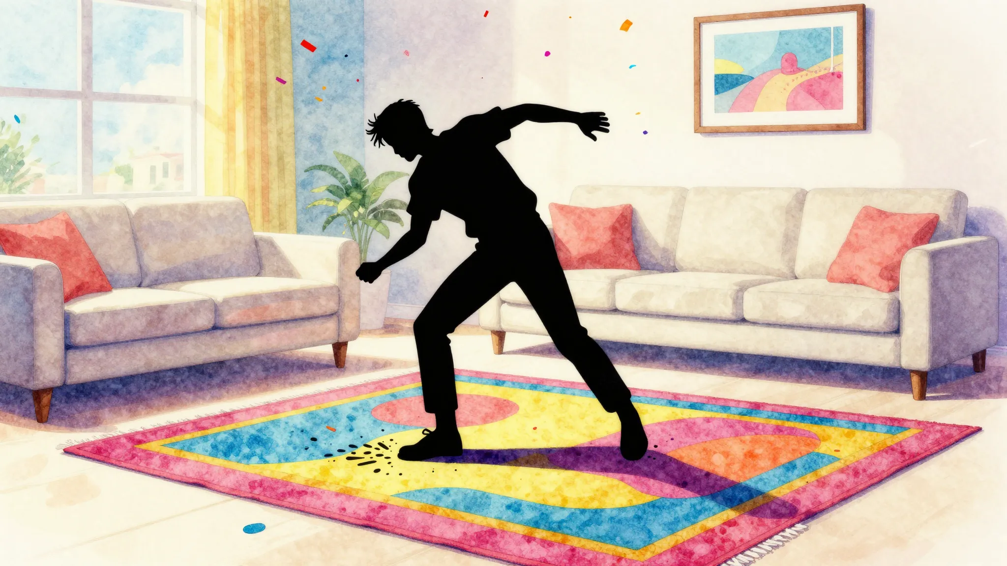 Watercolor style. A silhouette of a person tripping over a c...