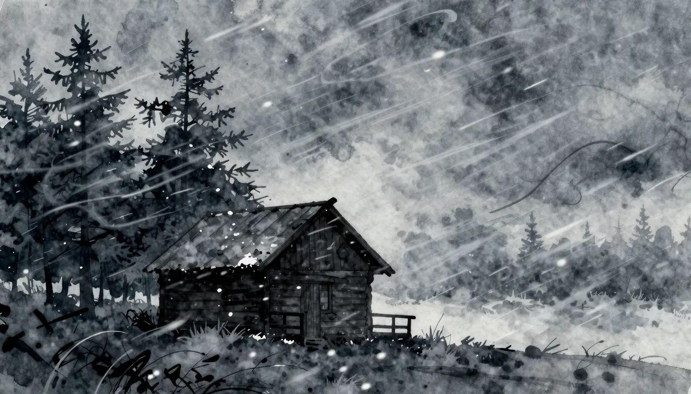 Watercolor style. A silhouette of a lonely wooden cabin in a...