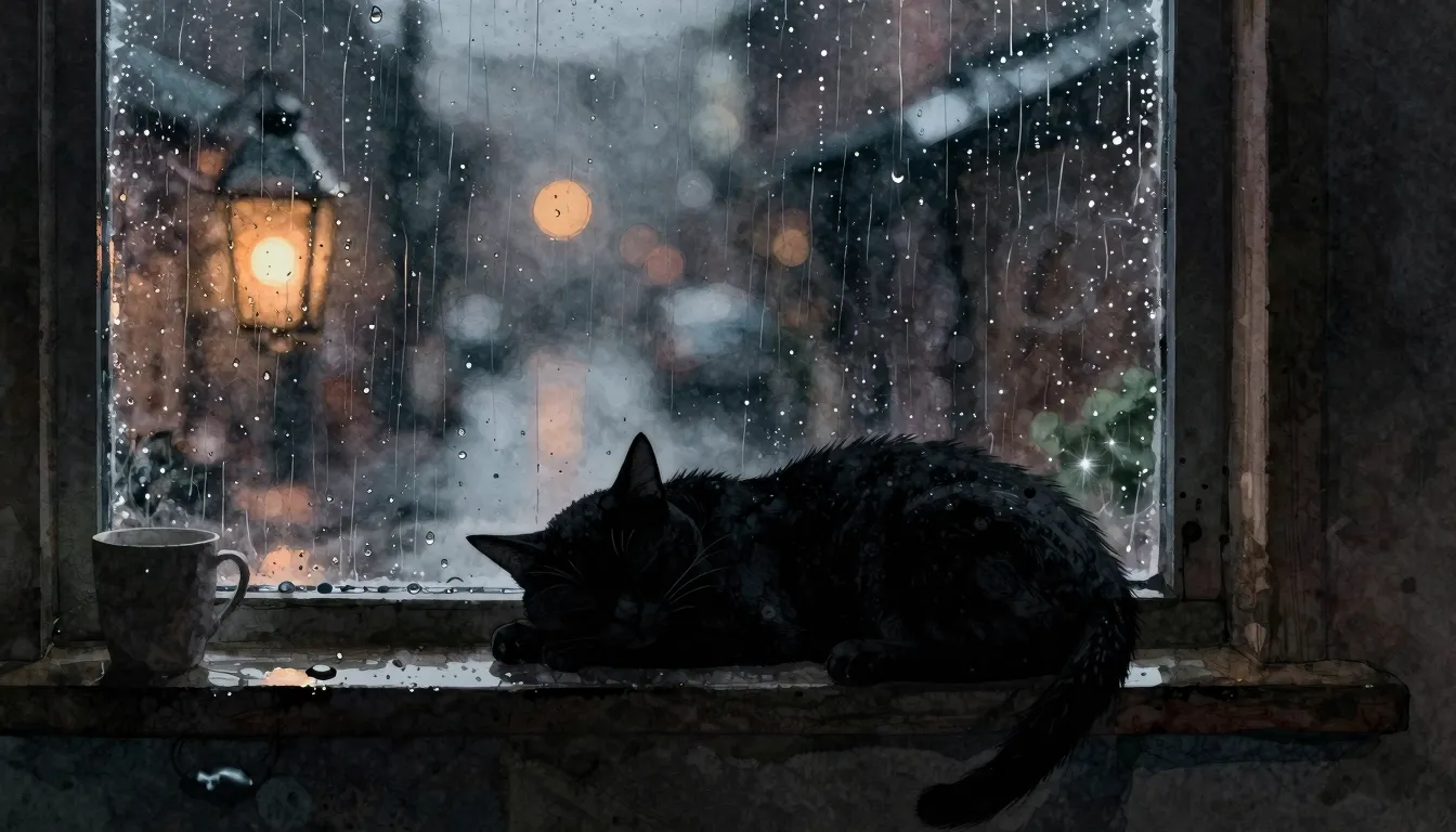 Watercolor style. A cozy dark room interior, a silhouette of...