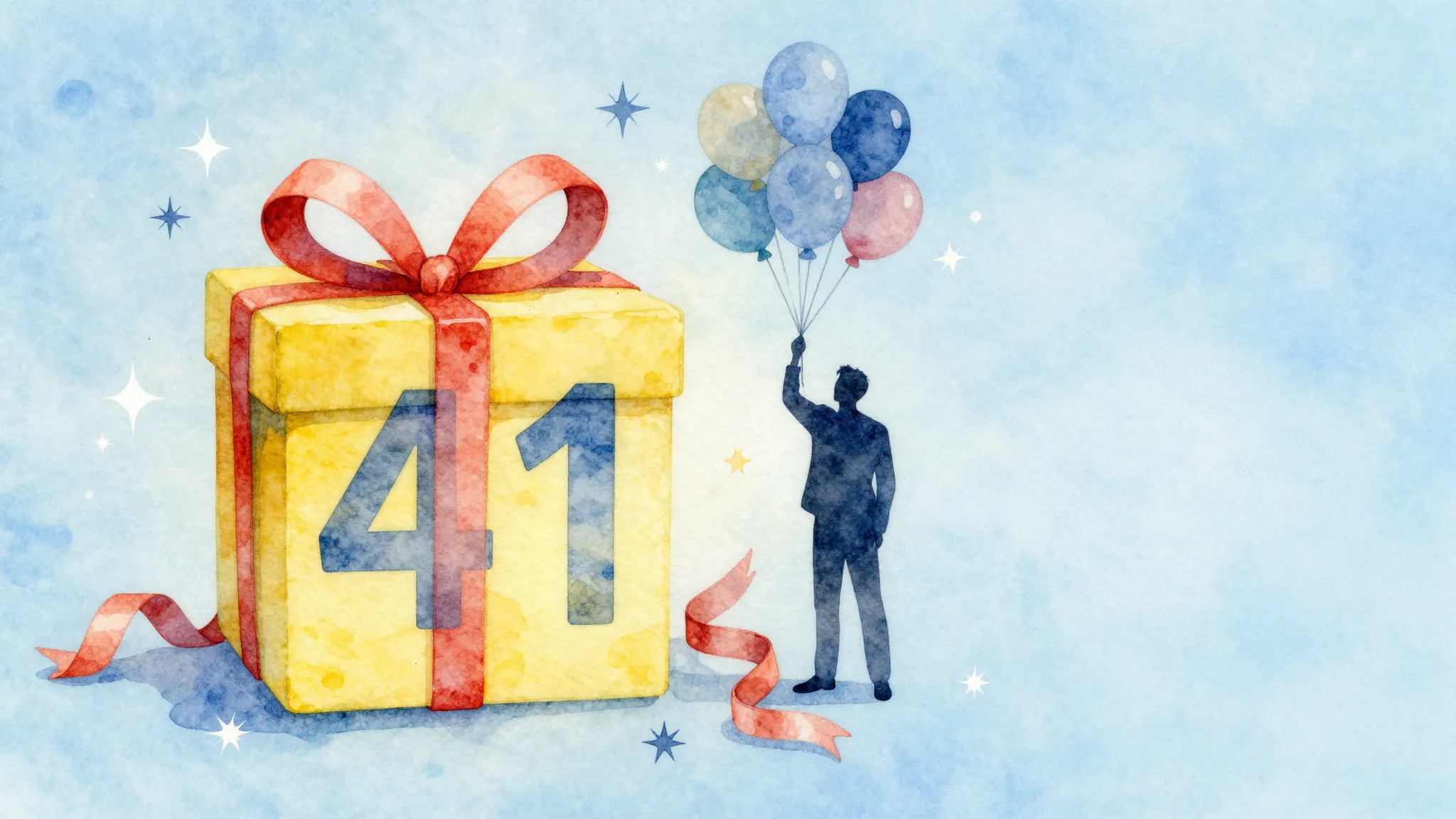 Watercolor style. A bright gift box with a big number 41, su...