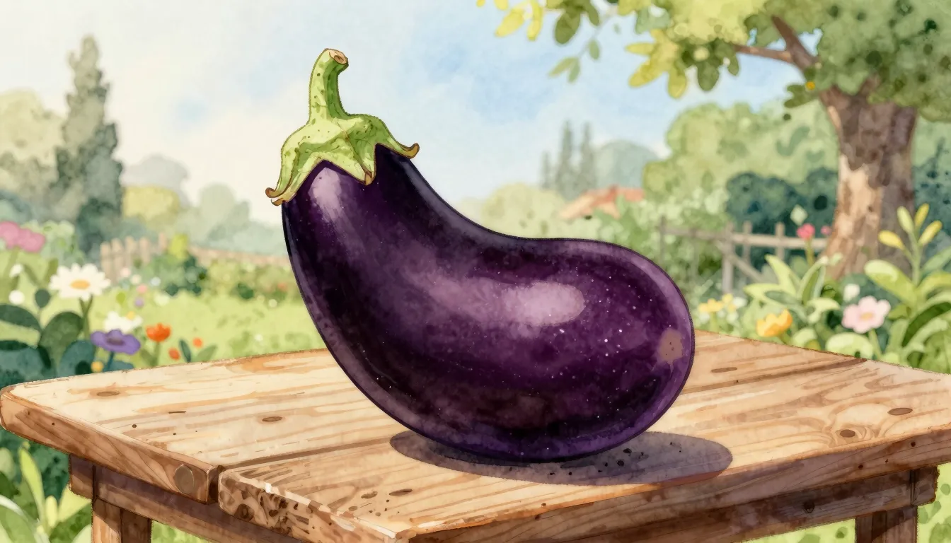Watercolor style. A funny, oddly shaped, curved dark purple ...
