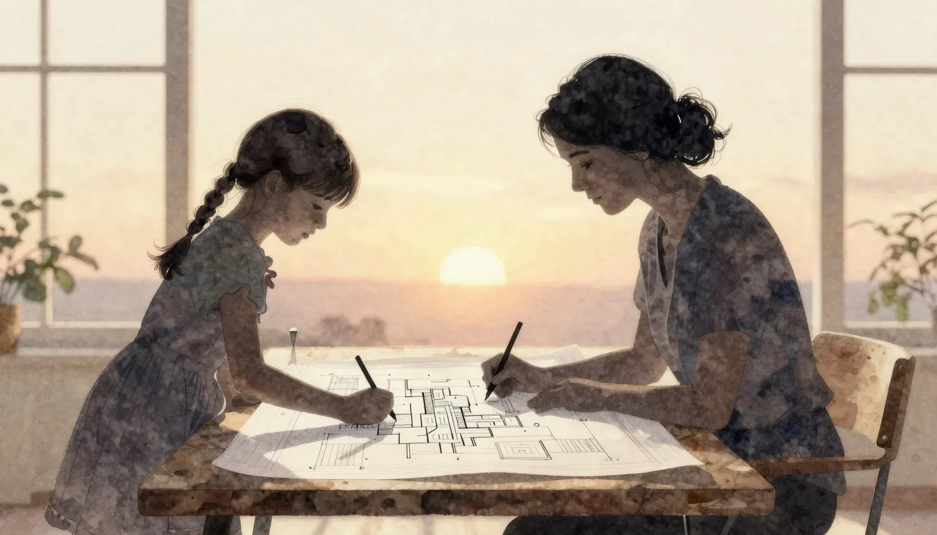 Watercolor style. Silhouette of a woman and a girl drawing a...