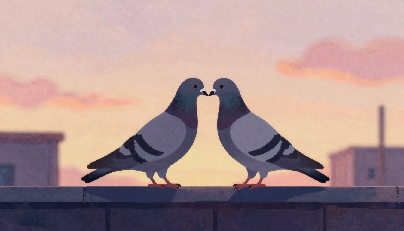 Watercolor style. Two stylized silhouettes of pigeons kissin...