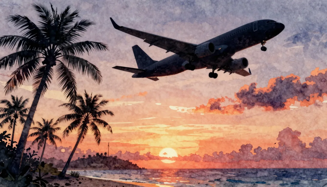 Watercolor style. Silhouette of an airplane flying over a tr...