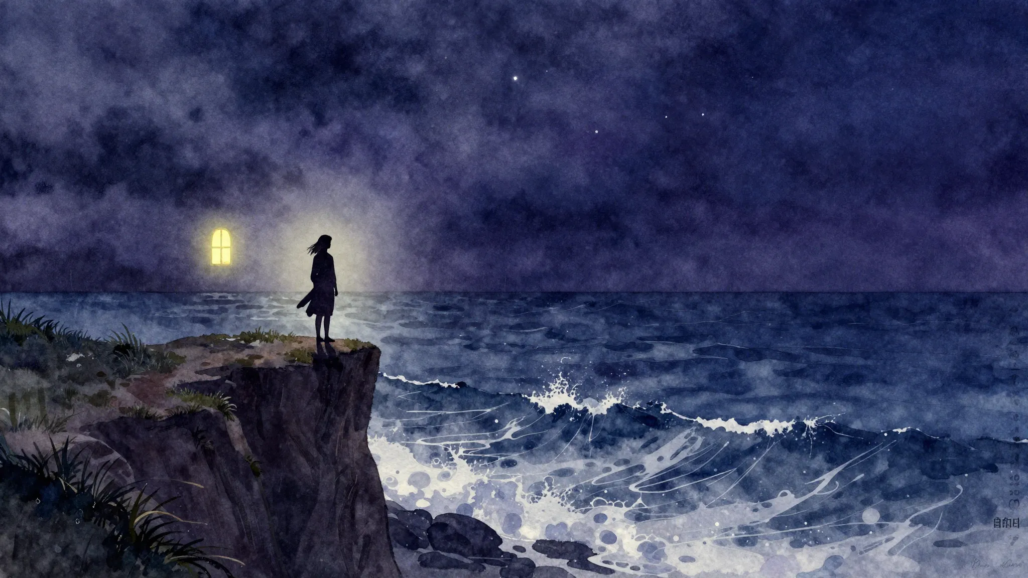 Vibrant watercolor style. Folk song cover: A lone silhouette...