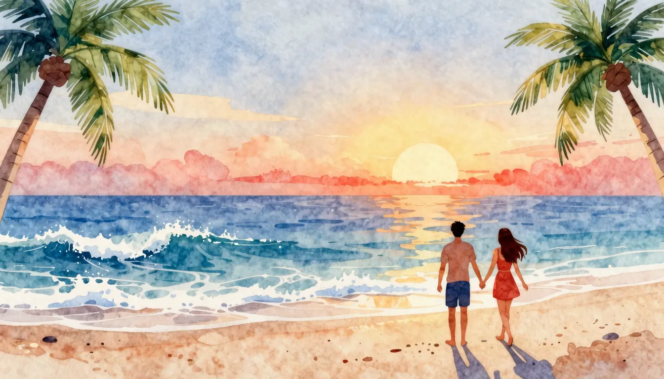 Watercolor style. Bright summer beach, ocean waves, palm tre...