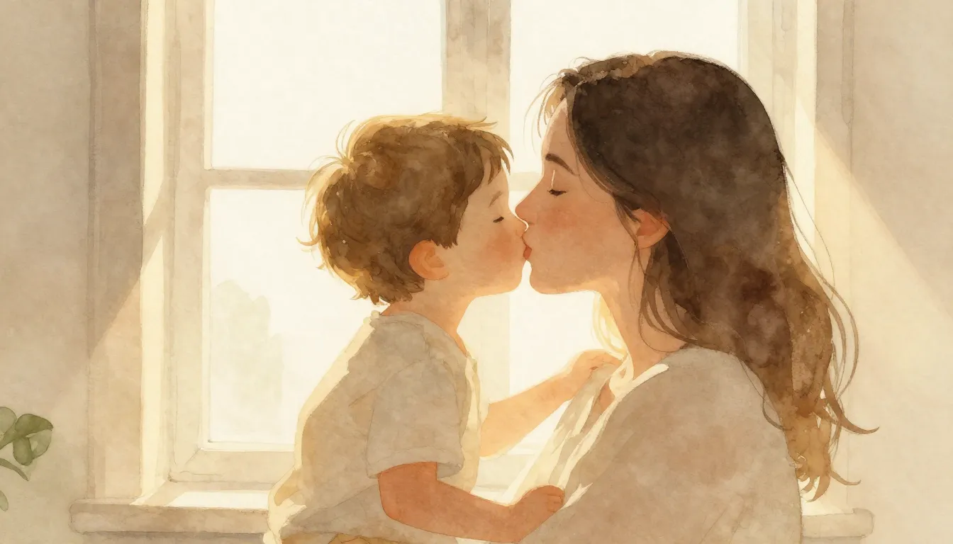 Watercolor style. A soft morning silhouette of a child kissi...