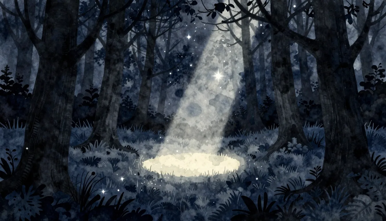Watercolor style. A dark silhouette of a dense, ancient fore...
