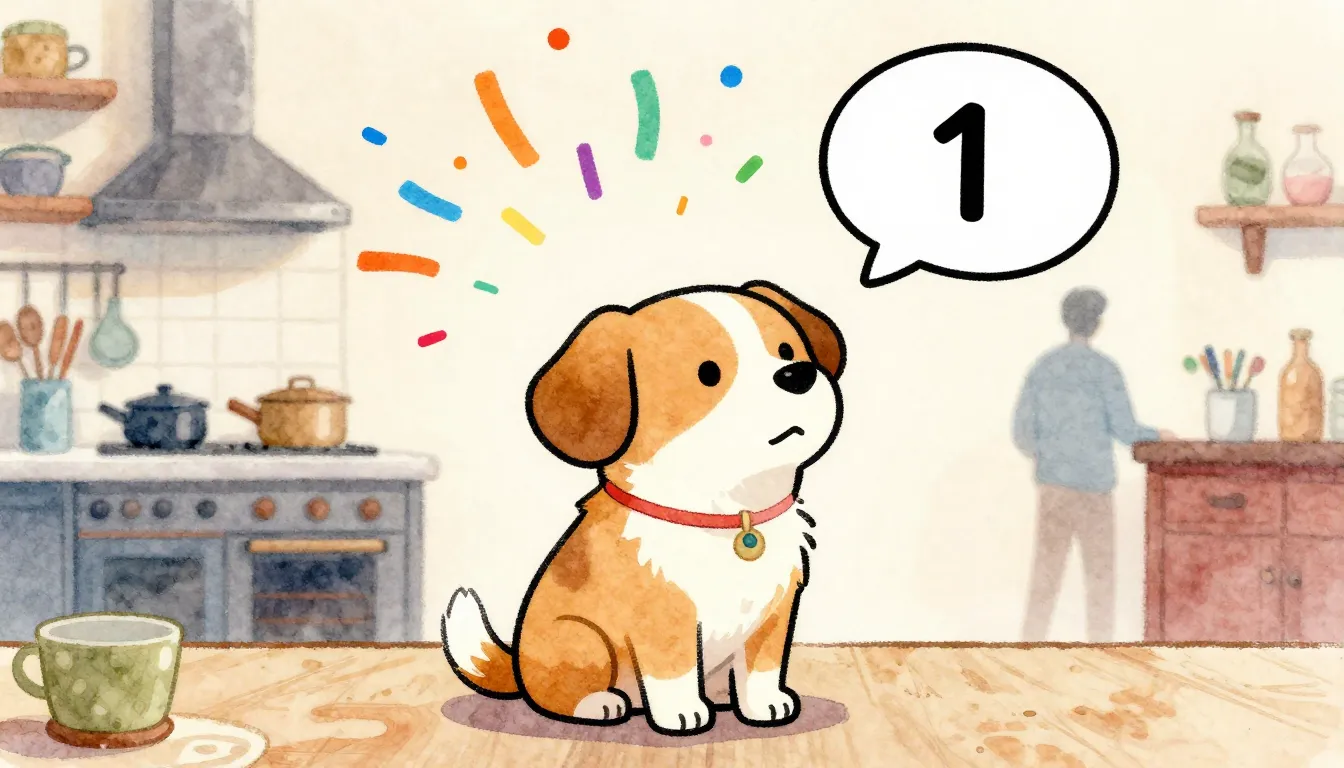 Watercolor style. A funny cartoon dog sitting in a cozy kitc...