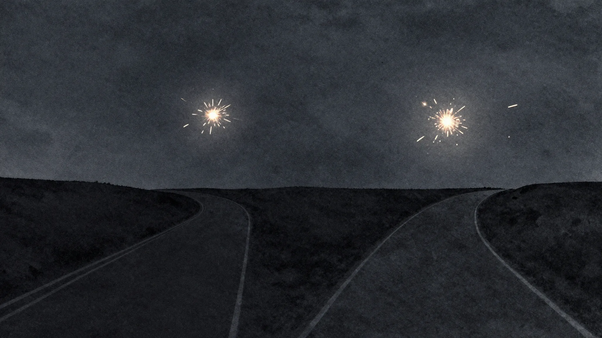 Watercolor style. Two tiny sparks of light moving away from ...