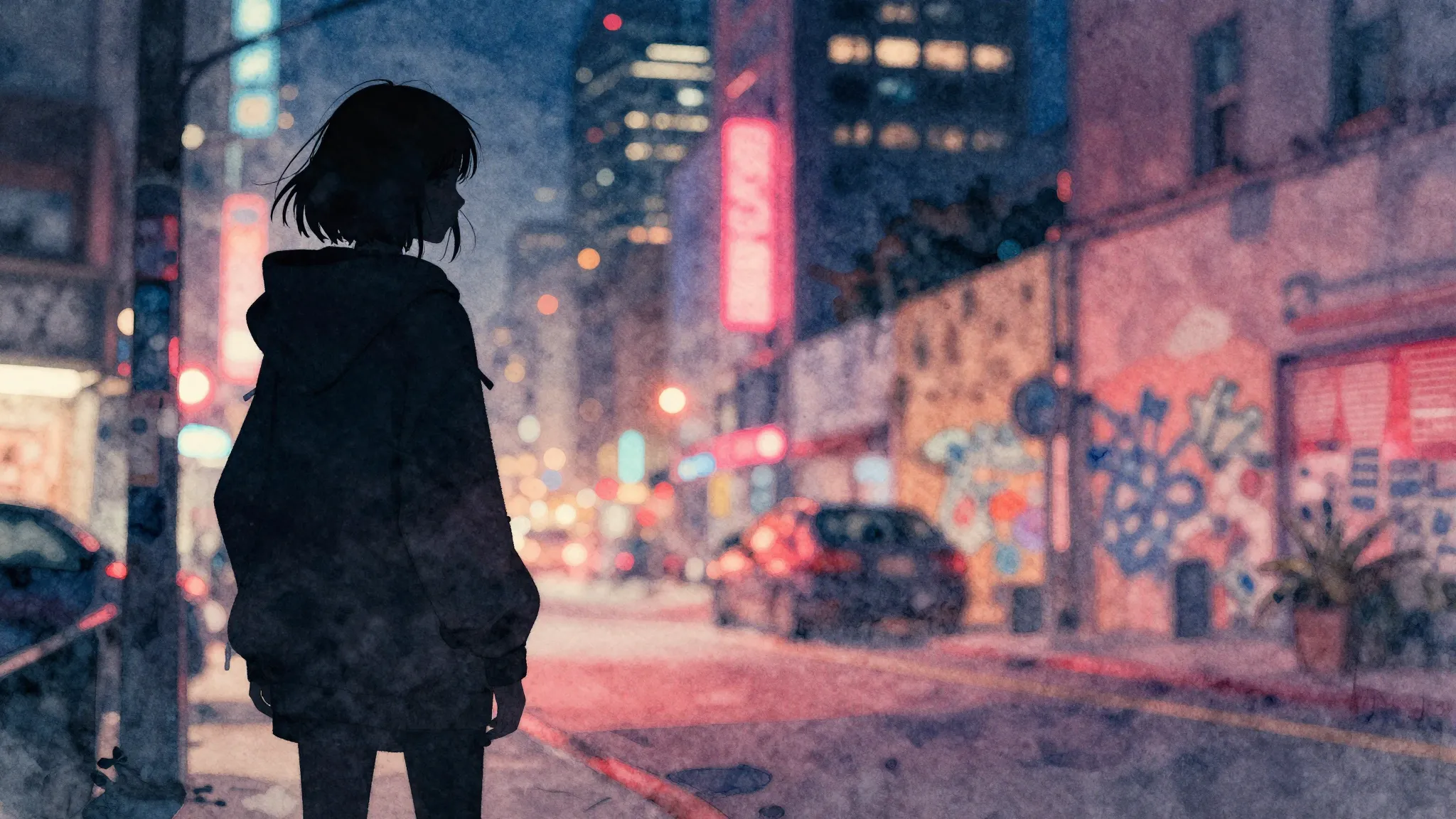 Watercolor style. A dark silhouette of a girl in a hoodie st...