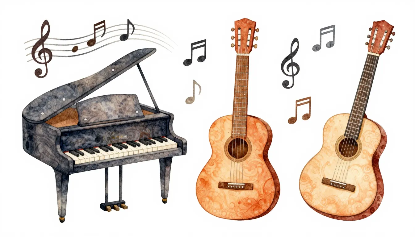 Watercolor style. Stylized illustration of various musical i...