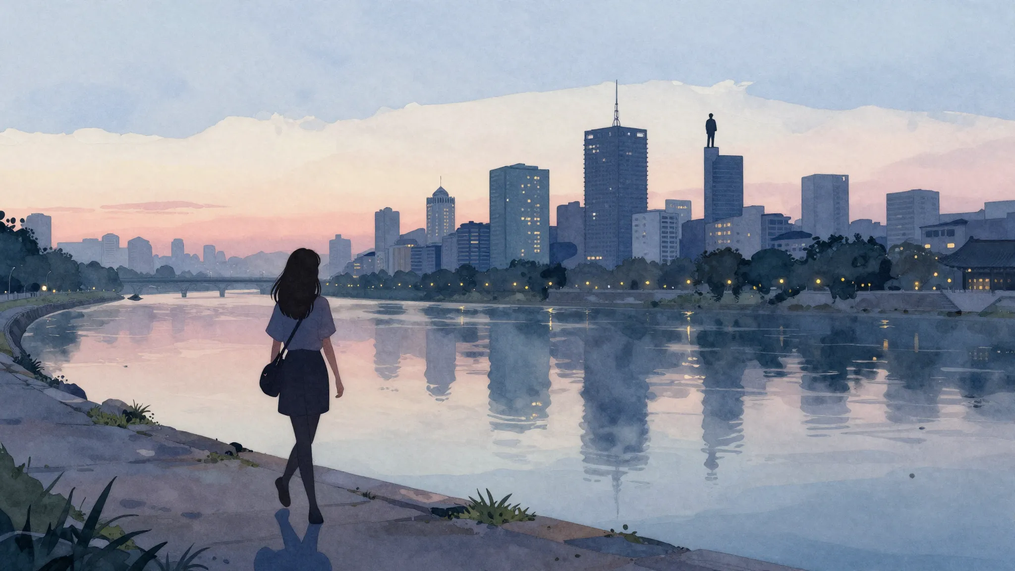 Watercolor style. A silhouette of a woman walking along a ri...