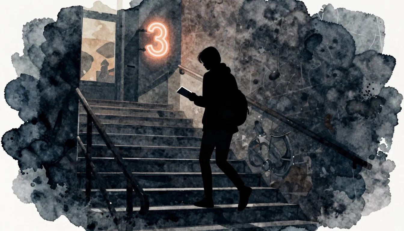 Watercolor style. Silhouette of a person walking up stairs i...