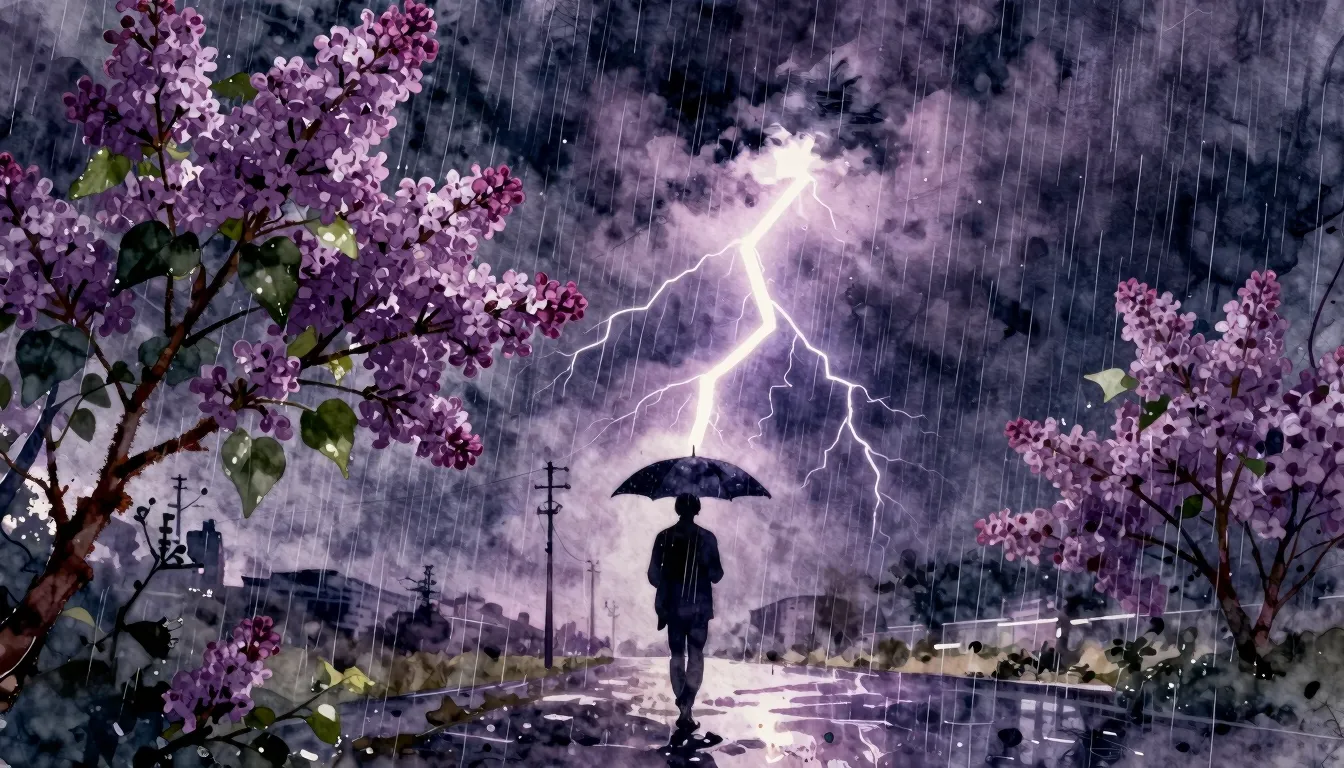 Vibrant watercolor style. K-Pop album cover. May thunderstor...