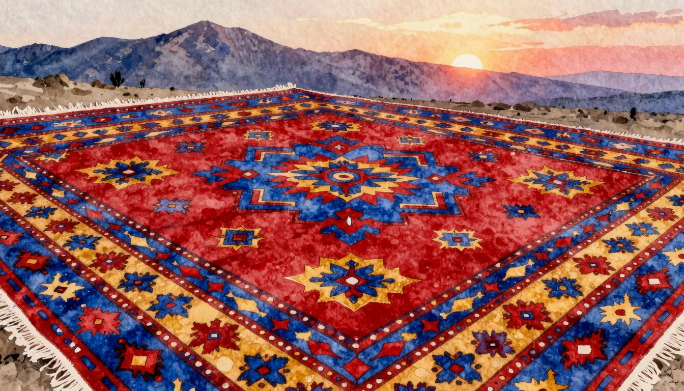 Watercolor style. A vibrant, intricate Tabasaran carpet patt...