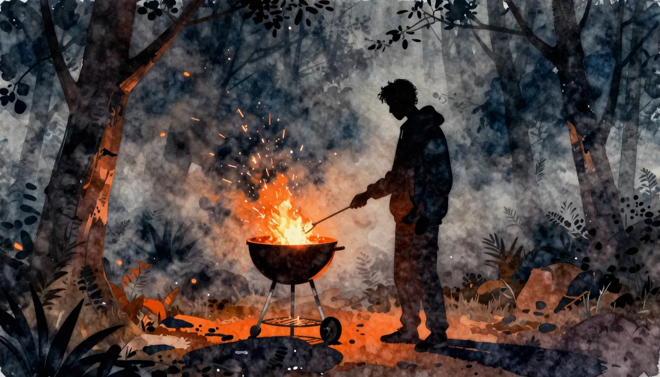Watercolor style. A silhouette of a man standing by a glowin...