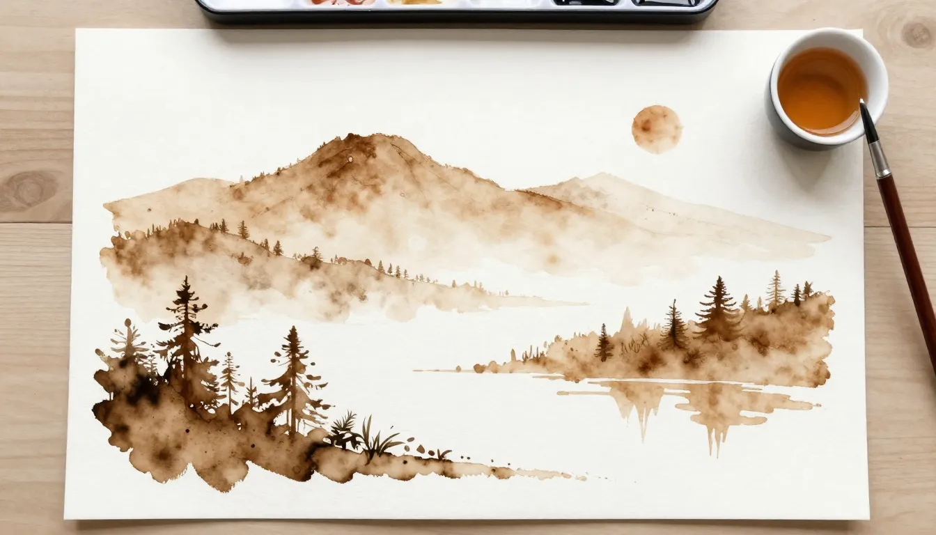 Watercolor style. A white paper sheet with a landscape paint...
