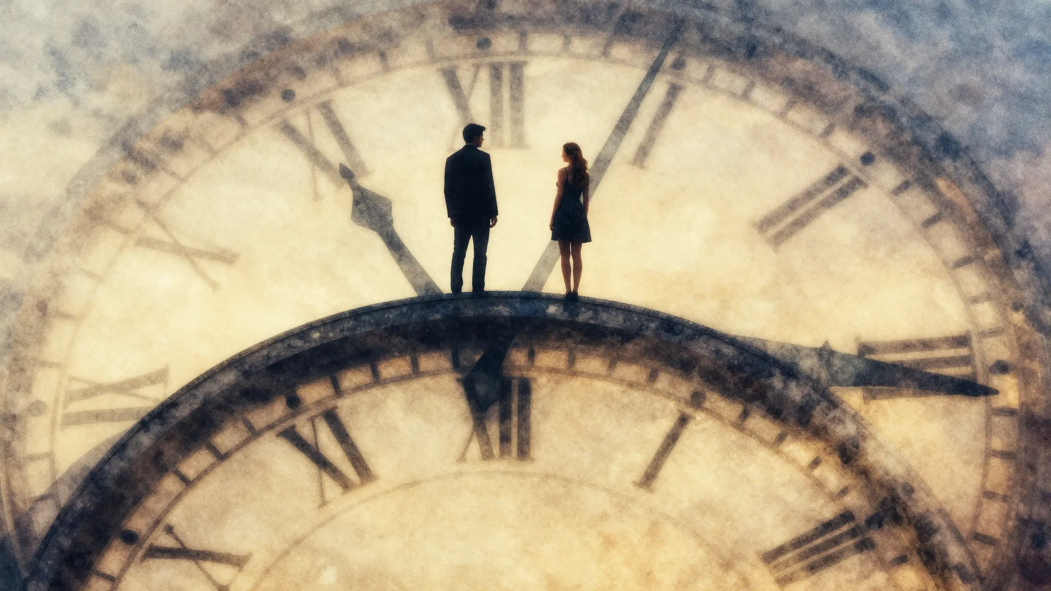 Watercolor style. Two silhouettes of a man and a woman stand...