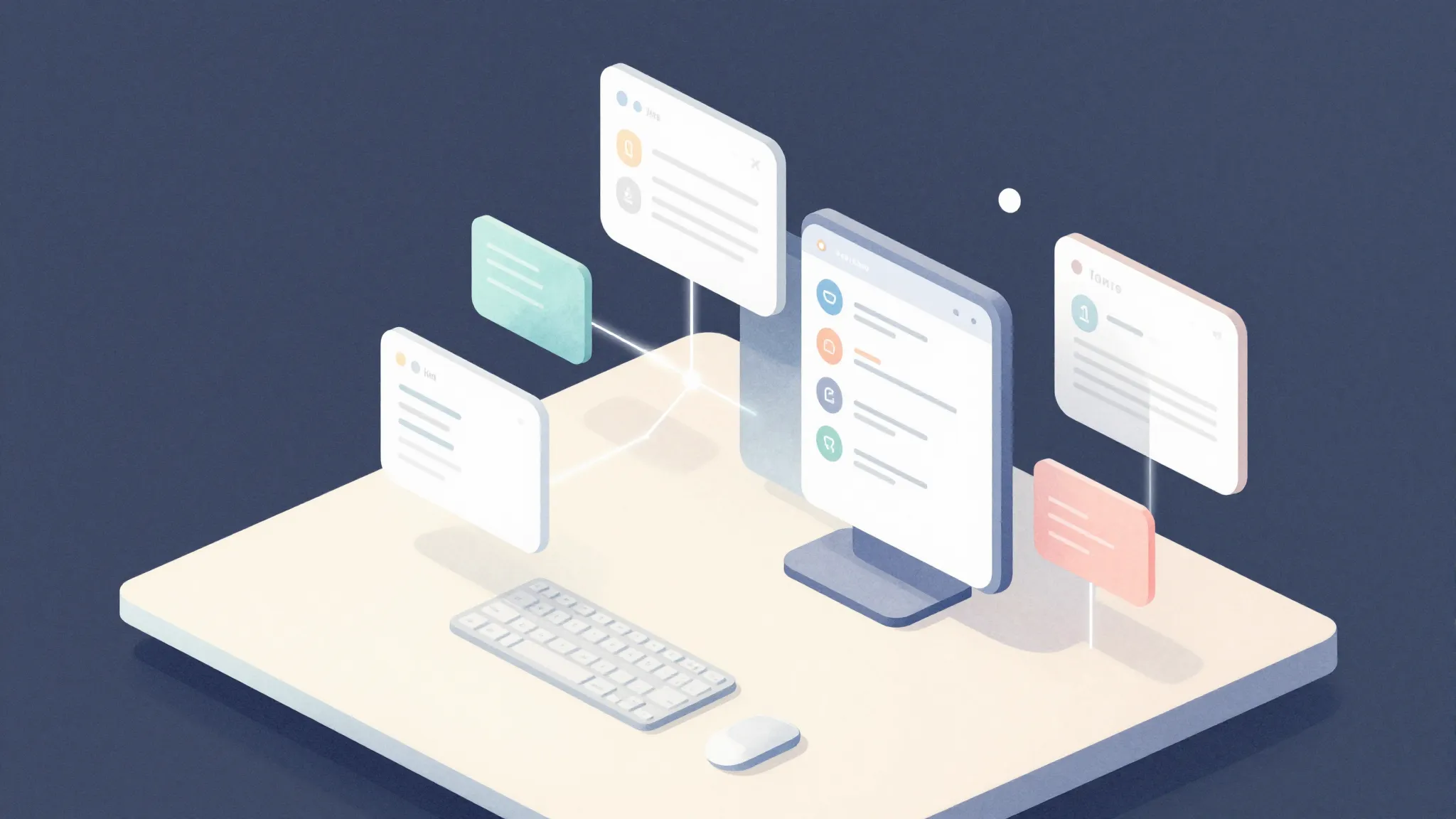 Watercolor style. Minimalist 3D workspace with floating digi...