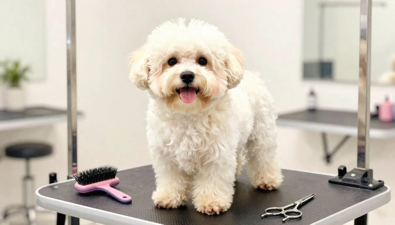Watercolor style. A fluffy dog sitting happily in a bright g...