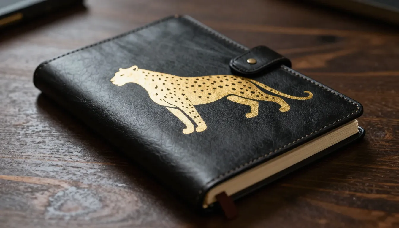 Watercolor style. Premium black leather notebook on a dark w...