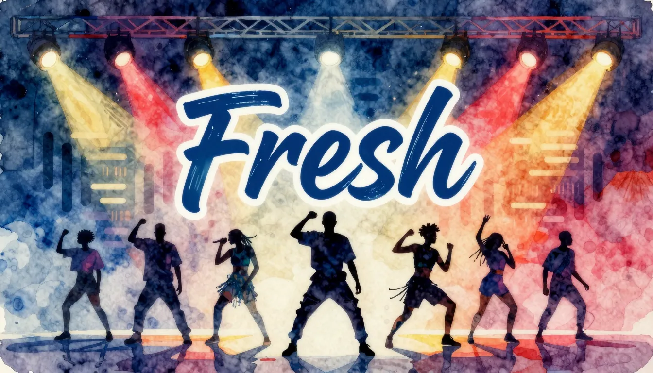 Vibrant watercolor style. Hip-hop album cover: Dynamic stage...
