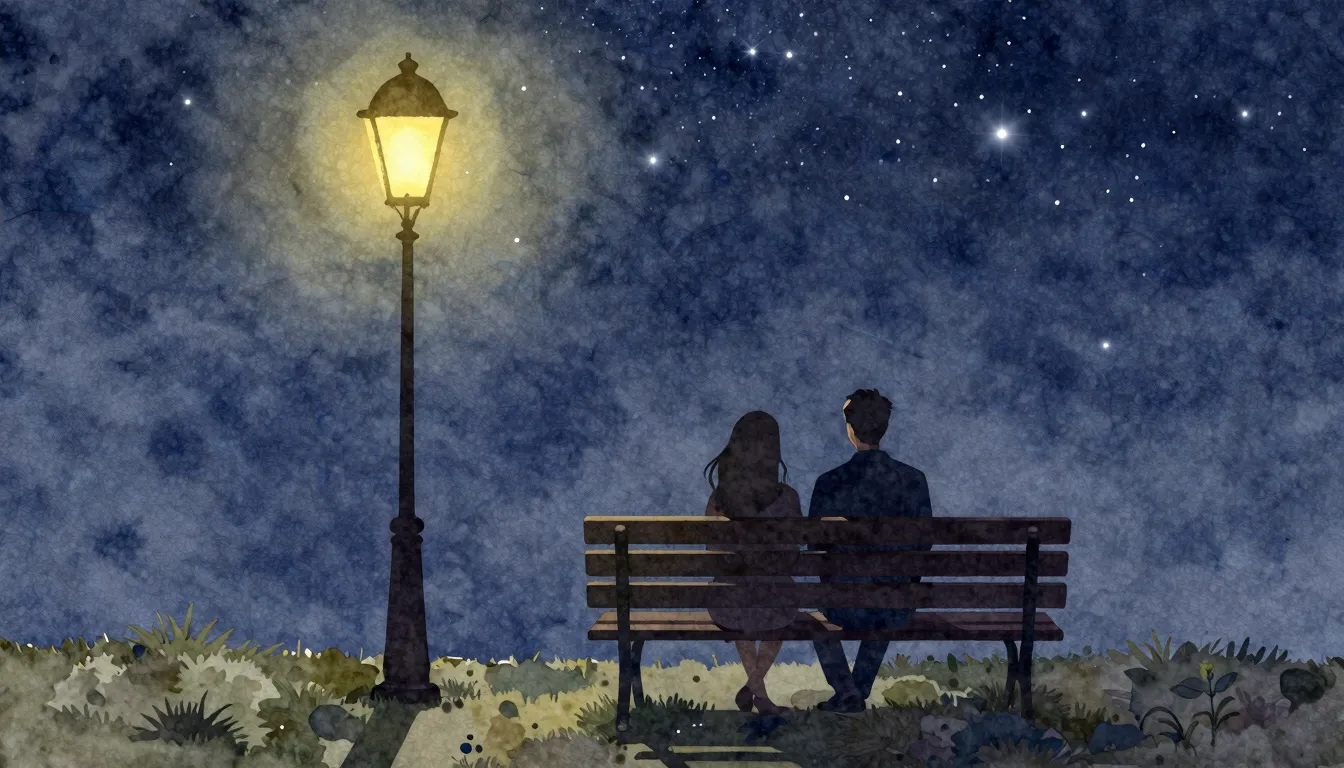 Watercolor style. A silhouette of a couple sitting on a benc...