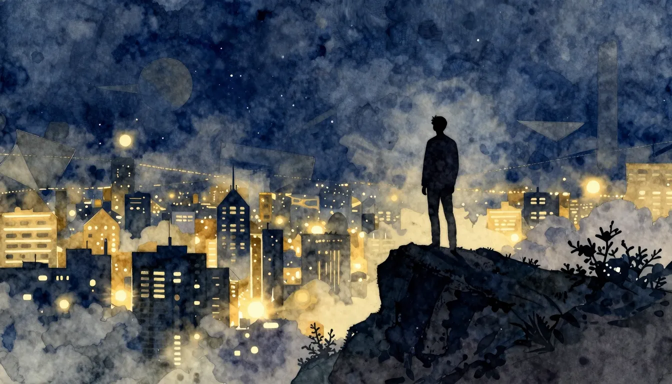 Watercolor style. A silhouette of a man standing on a high p...