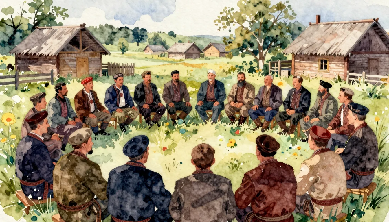 Vibrant watercolor style. Old Cossack men in a circle, silho...