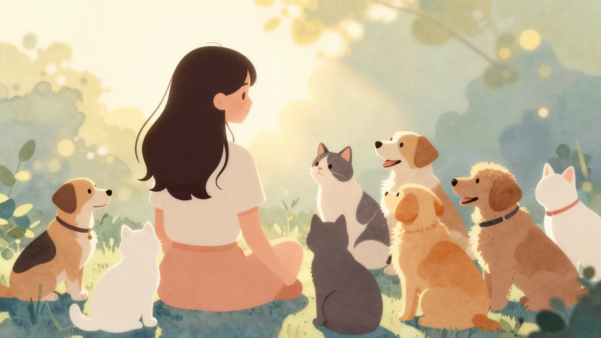 Watercolor style. A silhouette of a girl surrounded by happy...