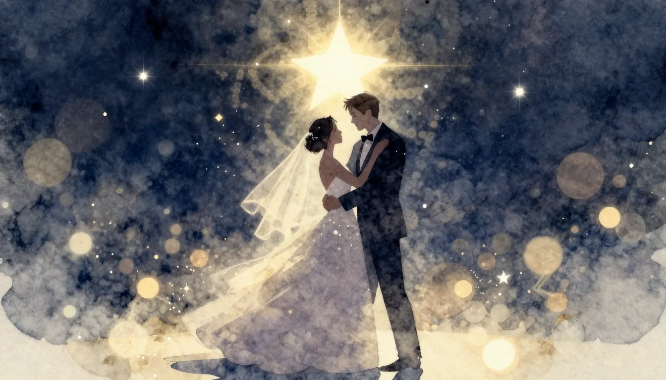 Watercolor style. Silhouette of a bride and groom dancing un...