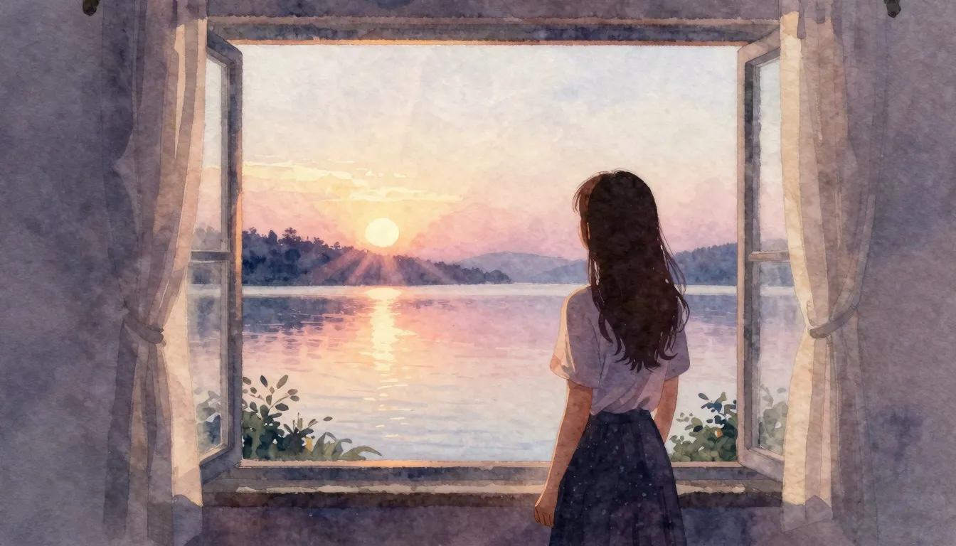 Watercolor style. A silhouette of a woman stands by a window...