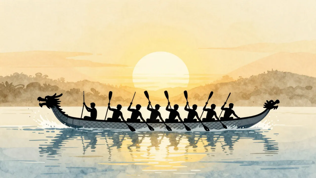 Watercolor style. A stylized silhouette of a long dragon boa...