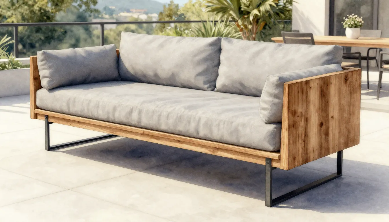 Watercolor style. Modern loft style garden sofa with high bl...