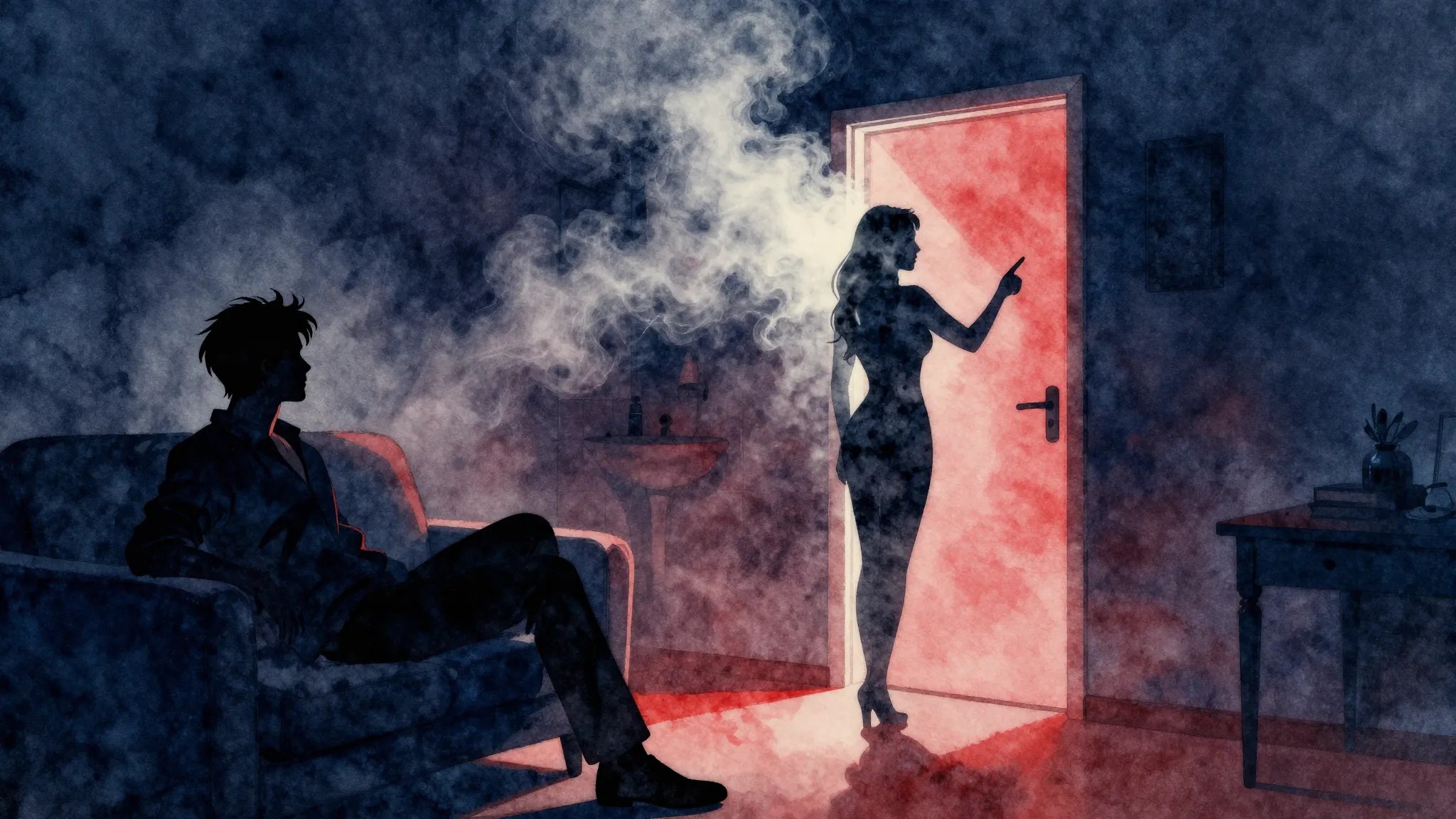 Watercolor style. Silhouettes of a man on a sofa and a woman...
