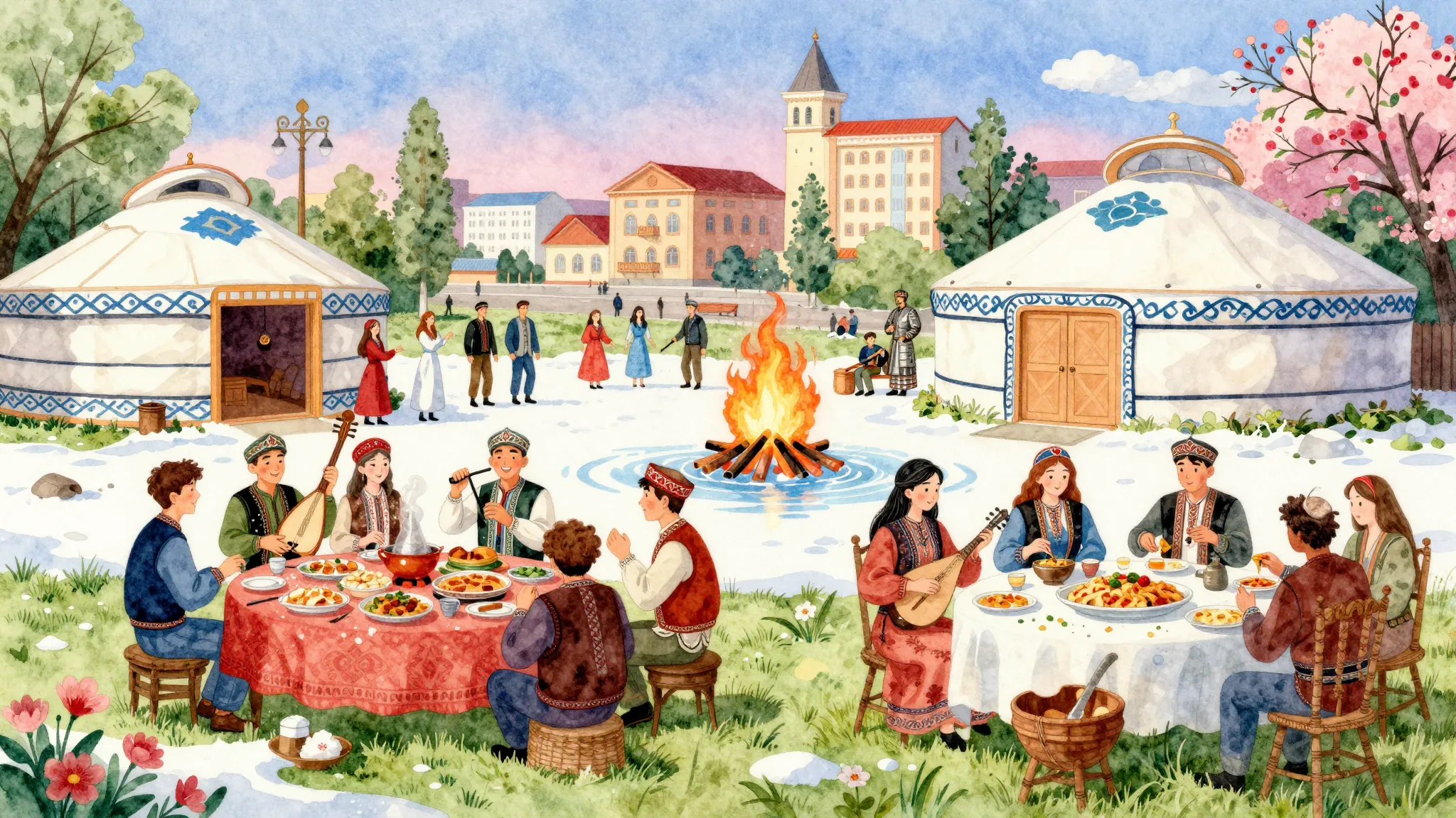 Vibrant watercolor style. Kazakh folk pop. Nauryz celebratio...