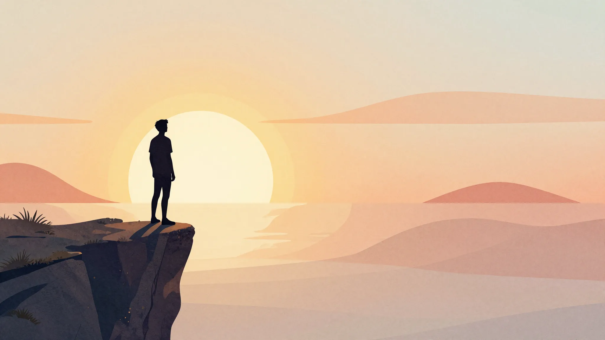 Watercolor style. Silhouette of a person standing on the edg...