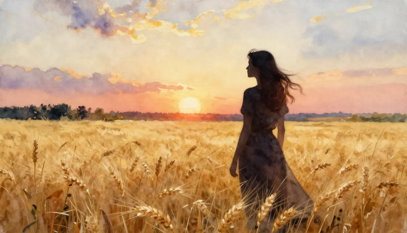 Watercolor style. Silhouette of a woman in a vast golden whe...