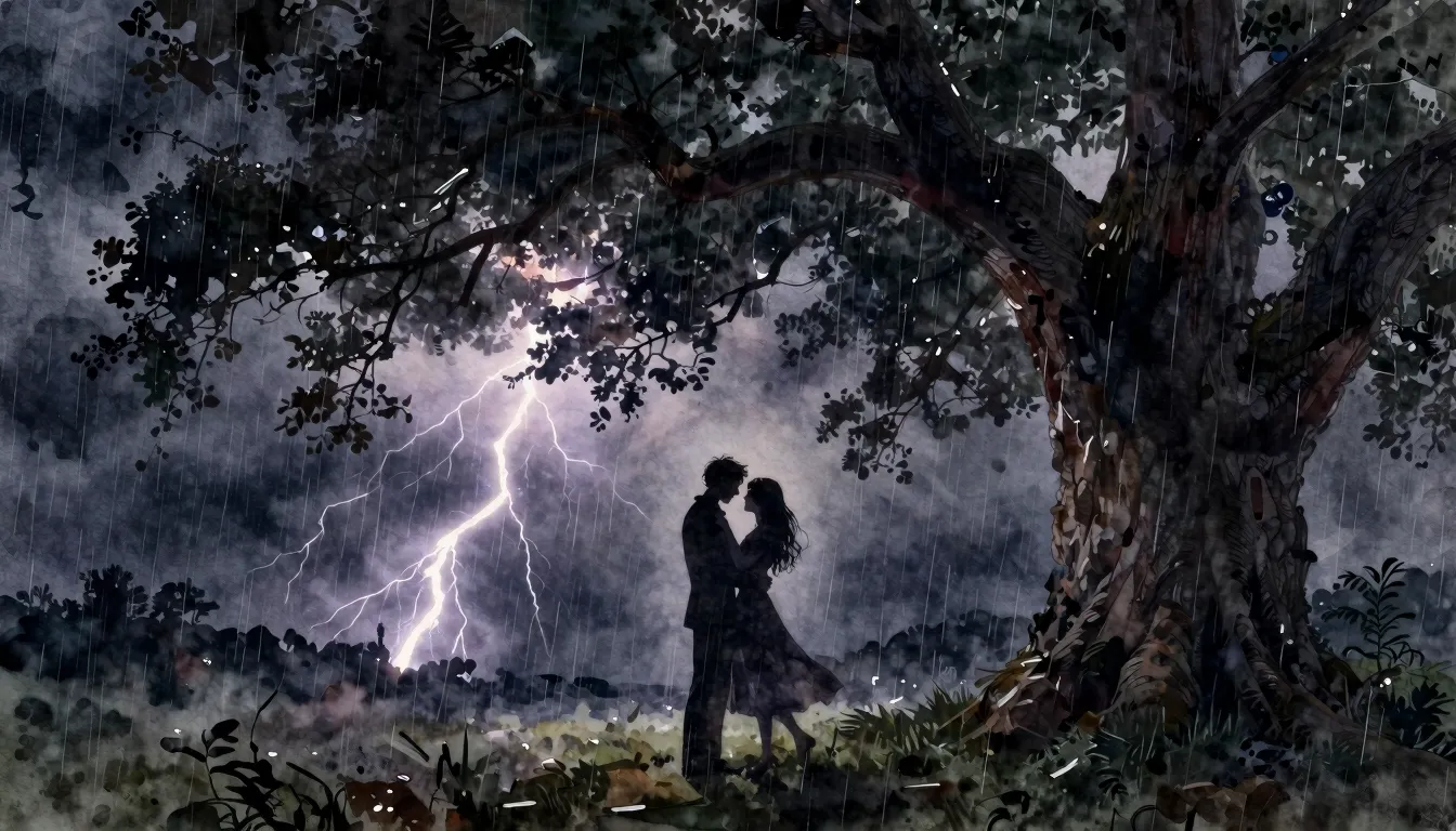 Watercolor style. A dramatic stormy night, silhouettes of tw...