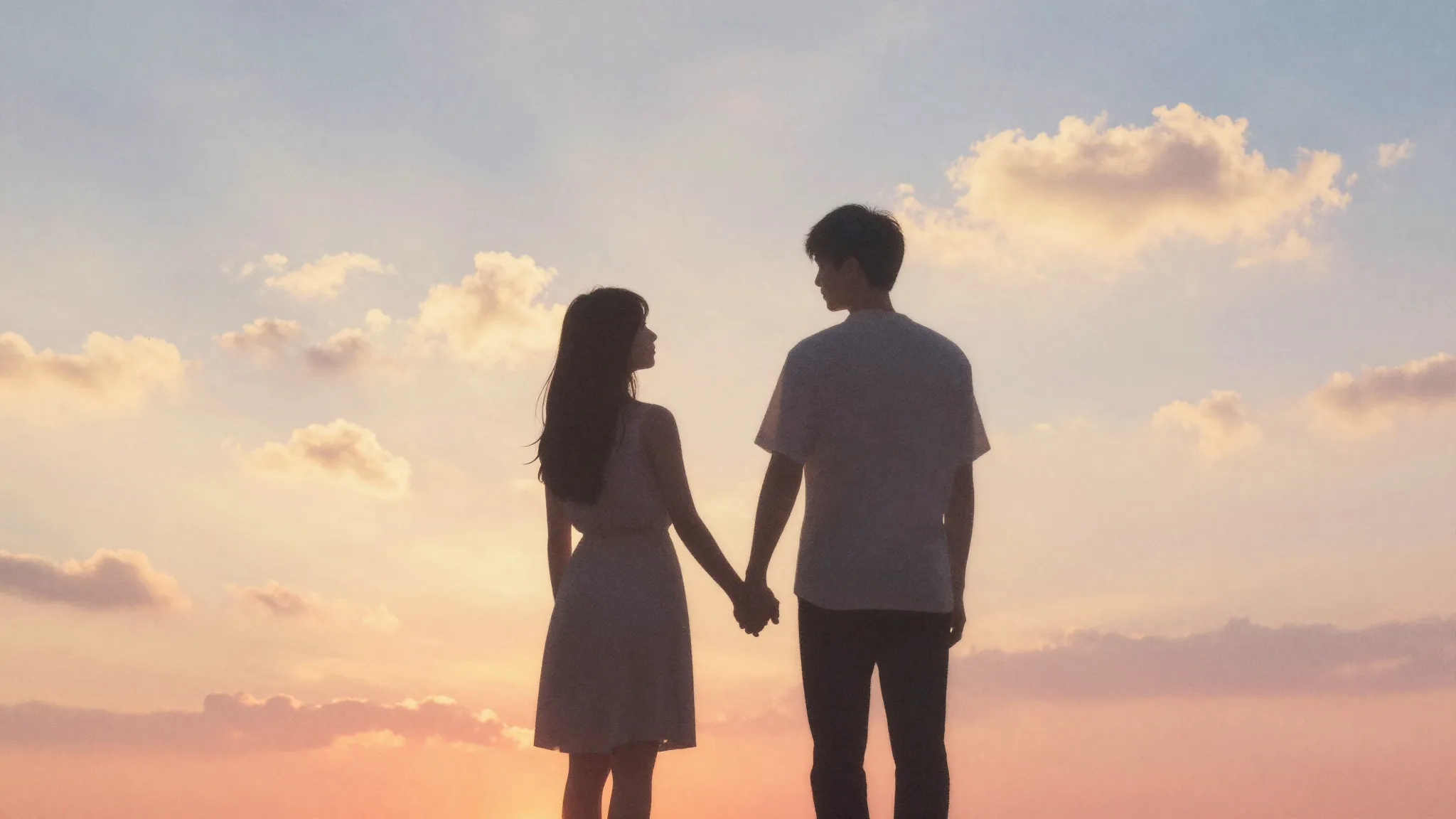 Watercolor style. A minimalist silhouette of a couple holdin...